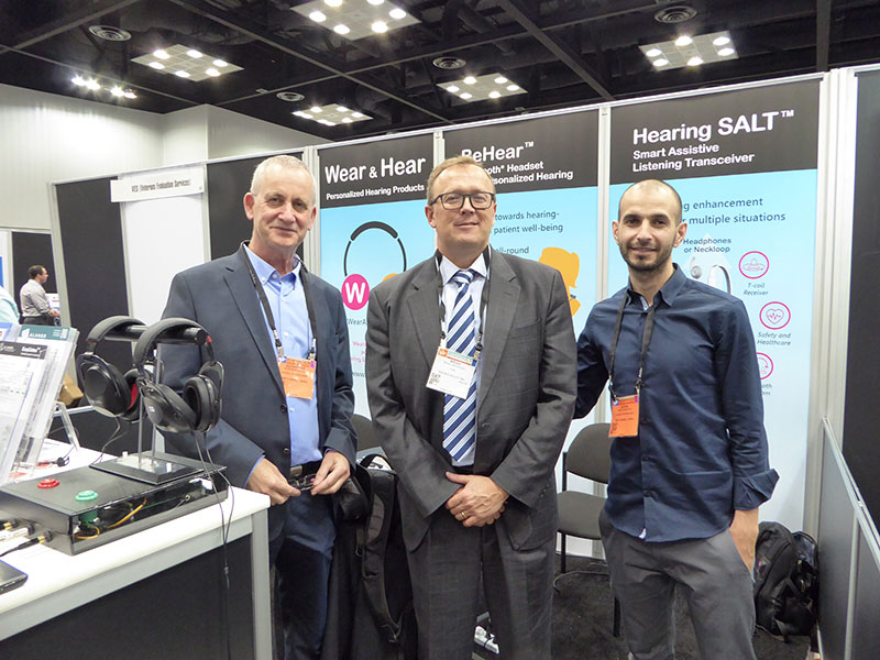 #AudiologyNOW17 was a great place to meet up with forward-thinking audiologists, such as Brian Taylor (center), editor of Hearing News Watch at HearingHealthMatters.org. He is flanked by Alango CEO Alexander Goldin (left) and Alango audiologist and engineer Suhail Habib Alla (right).