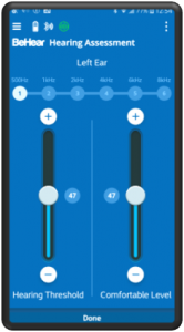 W&H BeHear app, Hearing Assessment screen, Advanced mode